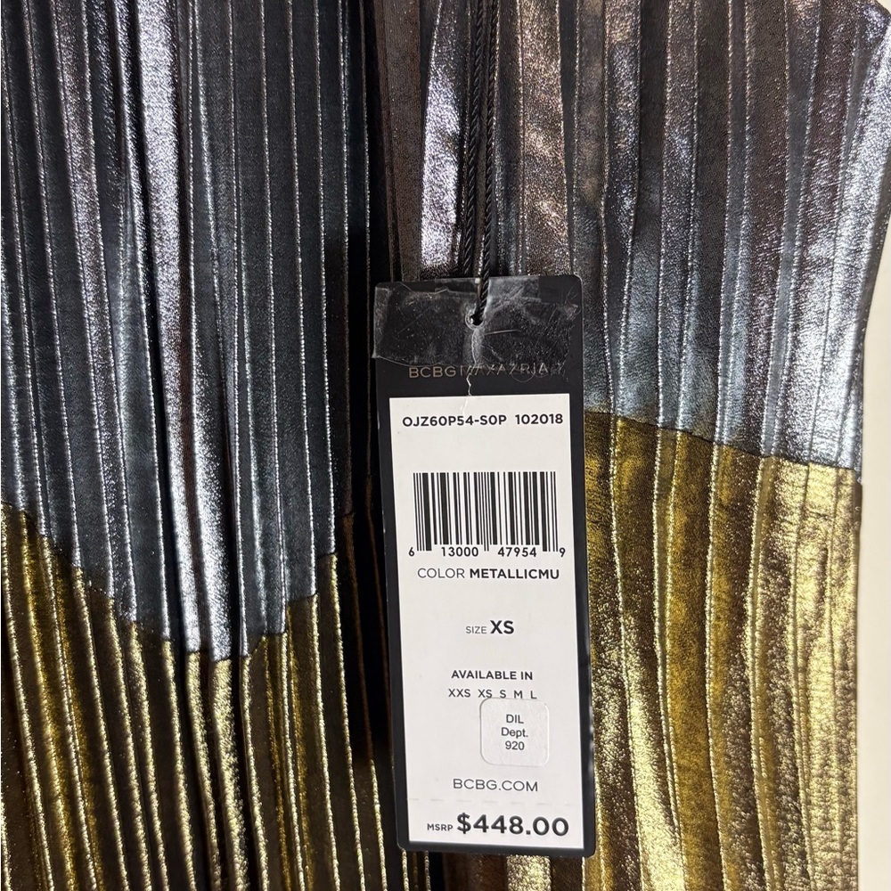 BCBGMAXAZRIA Metallic Silver Gold Colorblocked Pleated Gown XS NWT - Picture 11 of 16